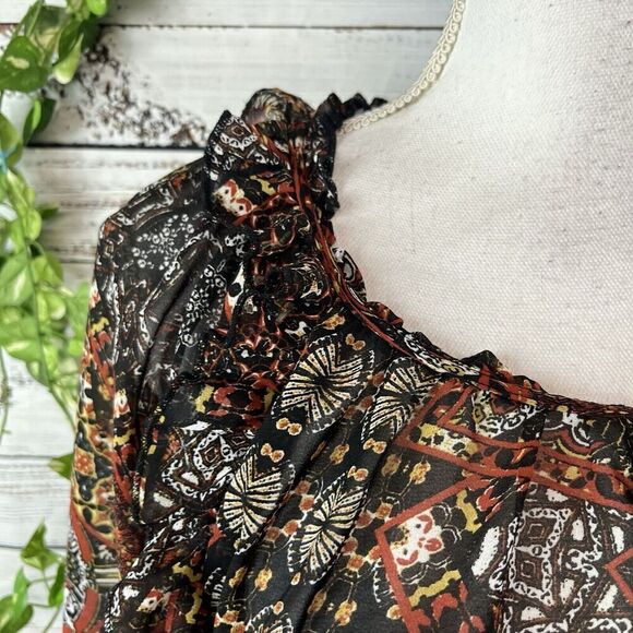 Miss Me Blouse Tunic size Small Black Brown Retro Sheer Ruffles Boho Peasant - Picture 6 of 13